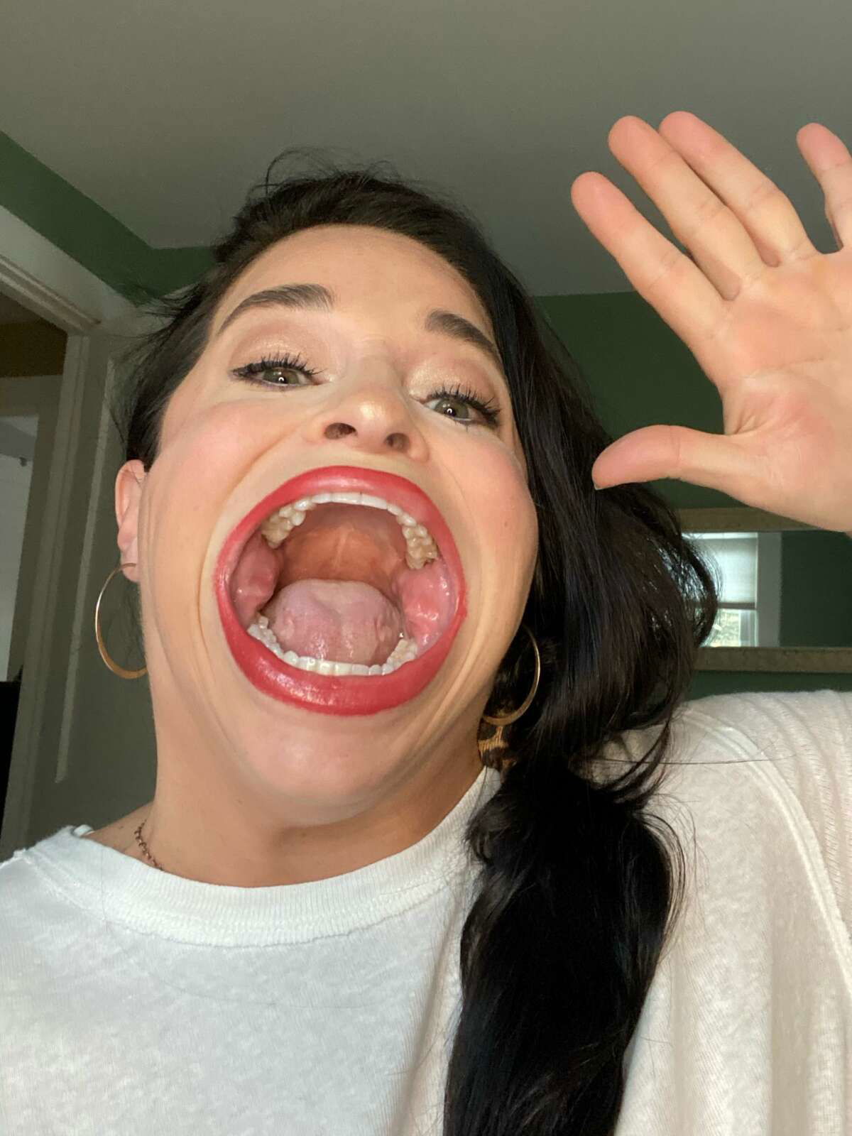 Tongue, Nose, Cheek, Lip, Chin, Mouth, Tongue, Eyelash, Human body, Jaw, Neck