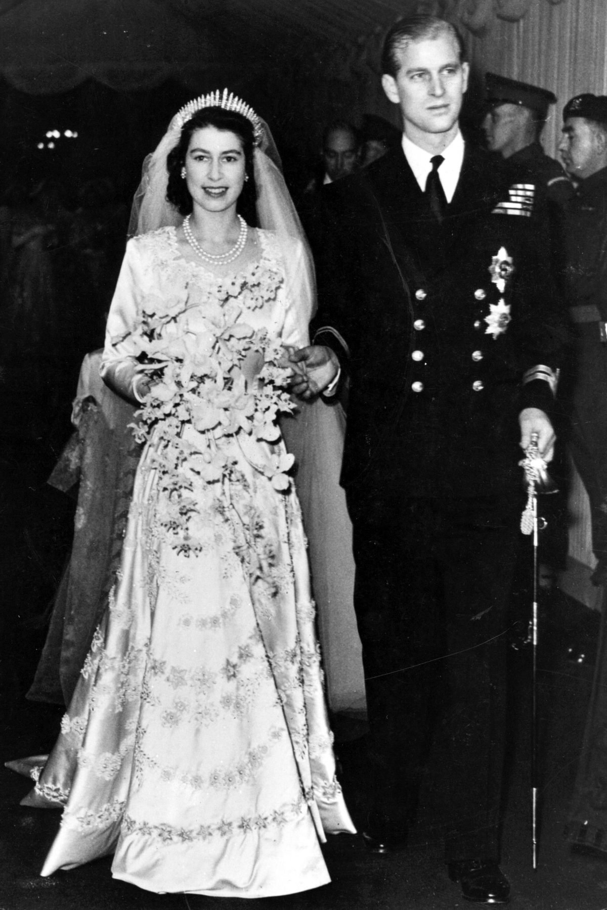 Queen Elizabeth Wedding Dress, Hair, Face, Photograph, Wedding dress, Bridal veil, White, Bride, Black, Dress, Flash photography