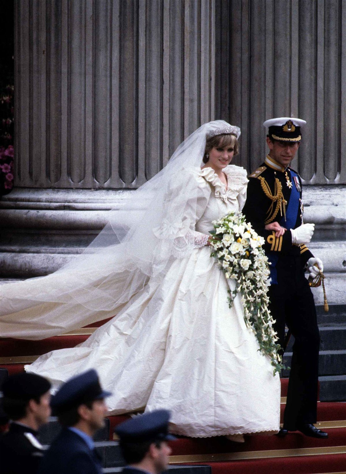 Princess Diana Wedding Dress, Wedding dress, Bride, Bridal clothing, Flower, Hat, Bridal veil, Gown, Gesture