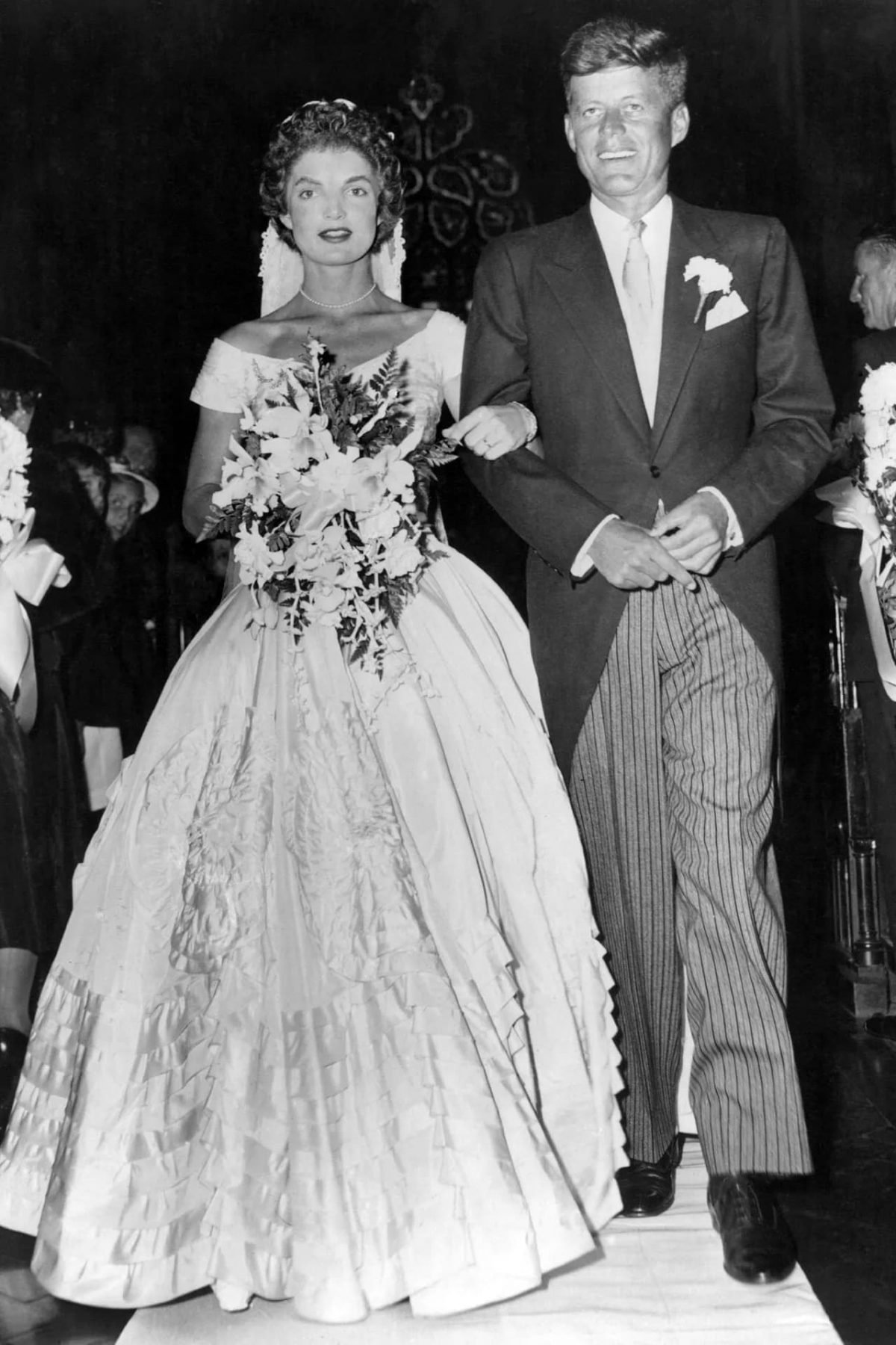 Jackie Kennedy Wedding Dress, Hairstyle, Photograph, Smile, Wedding dress, White, Dress, Black, Bride, Coat, Bridal party dress