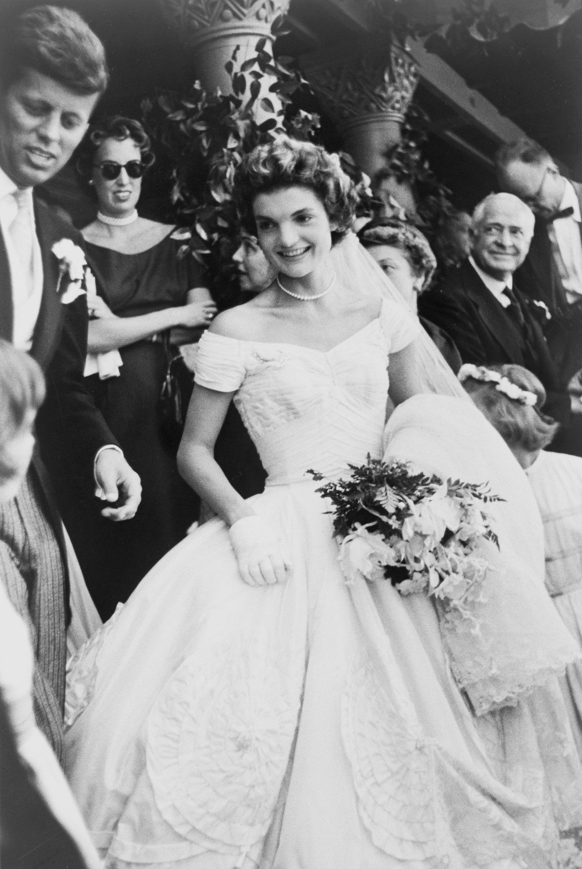 Jackie Kennedy Wedding Dress, Smile, Wedding dress, Hairstyle, Bride, Facial expression, Bridal clothing, Dress, Bridal veil, Gown, Flash photography