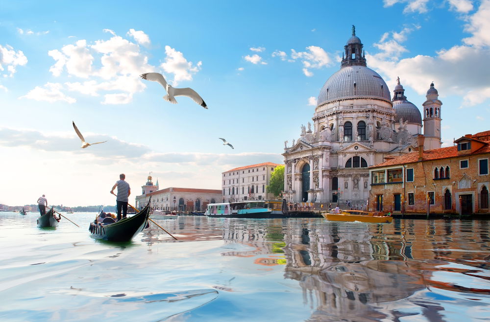 St. Mark's Square, Cloud, Water, Sky, Boat, Body of water, Vehicle, Bird