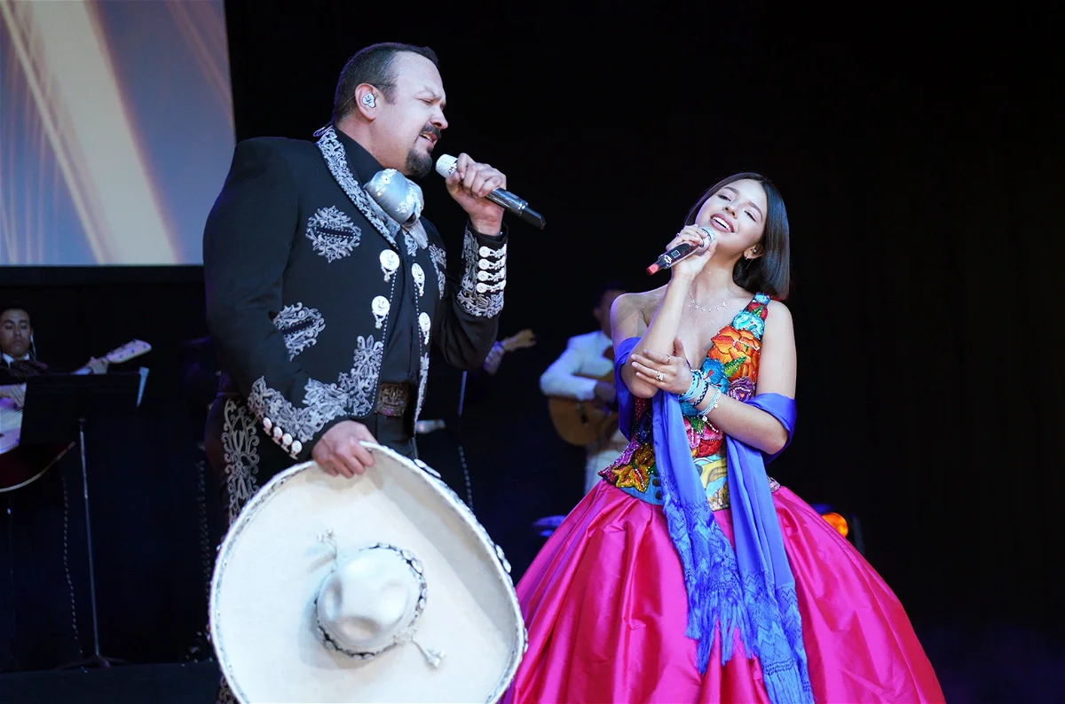 Pepe Aguilar And Daughter, Microphone, Membranophone, Fashion, Musician, Purple, Entertainment