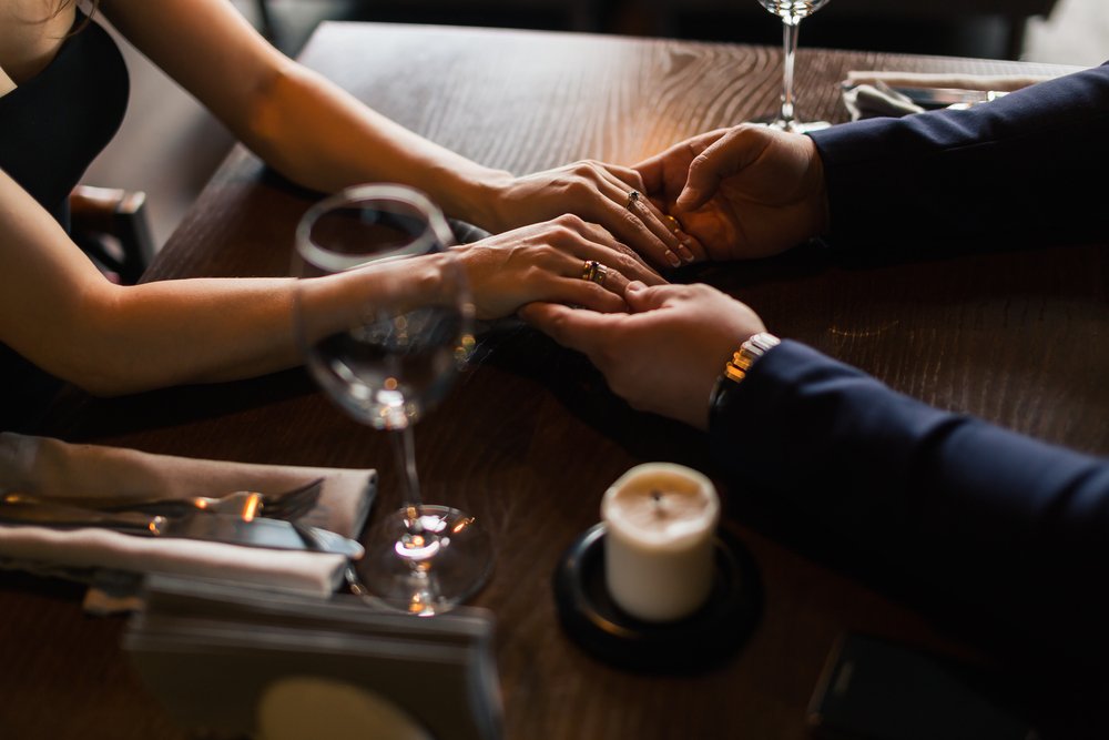 Black Couple Holding Hands In Restaurant, Hand, Tableware, Drinkware, Gesture