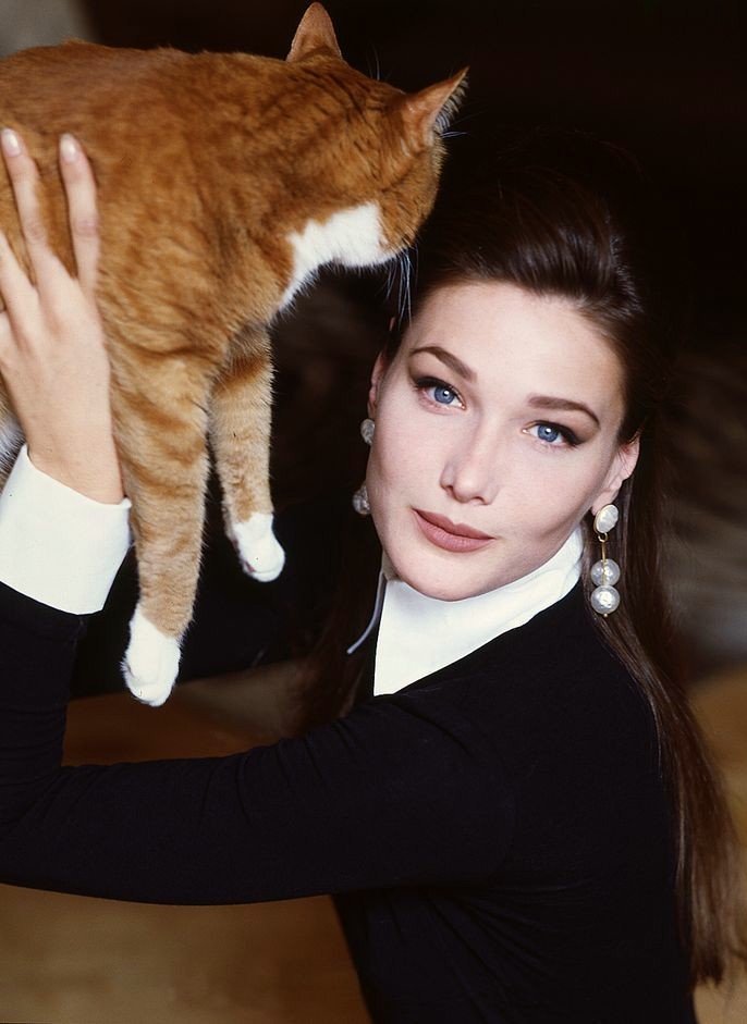 Carla Bruni 1990, Cat, Hand, Felidae, Ear, Neck, Eyelash, Flash photography, Carnivore, Small to medium-sized cats, Gesture