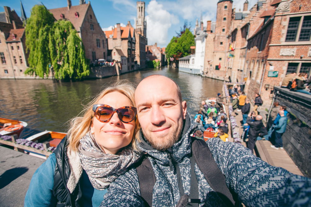 Belfry Of Bruges, Water, Glasses, Smile, Building, Sky, Blue, Sunglasses, Eyewear, Goggles, Tree