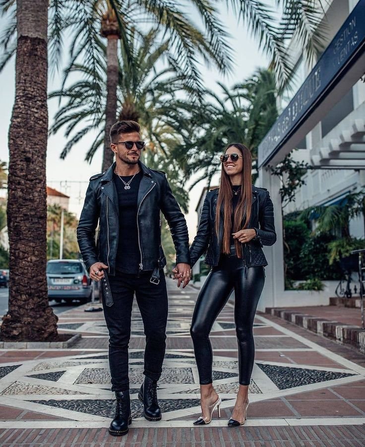 Couple Leather Jacket, Shoe, Photograph, Smile, Plant, Leg, Tree, Eyewear