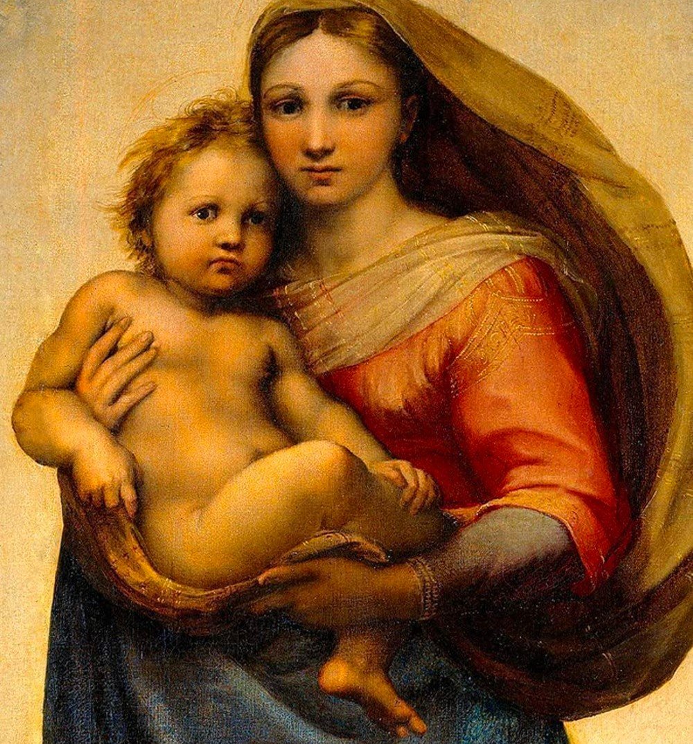 Sistine Madonna, Face, Hair, Cheek, Head, Organ, Human, Painting, Art