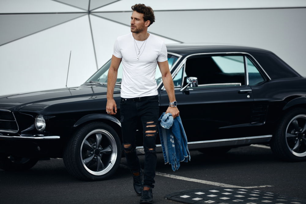 Sexy Man With Car, Wheel, Car, Tire, Vehicle, Automotive tire, Hood, Automotive design, Motor vehicle, Alloy wheel, Bumper