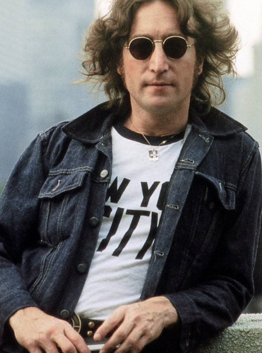 John Lennon 1974, Glasses, Hairstyle, Vision care, Facial expression, Sunglasses, Black, Goggles, Sleeve