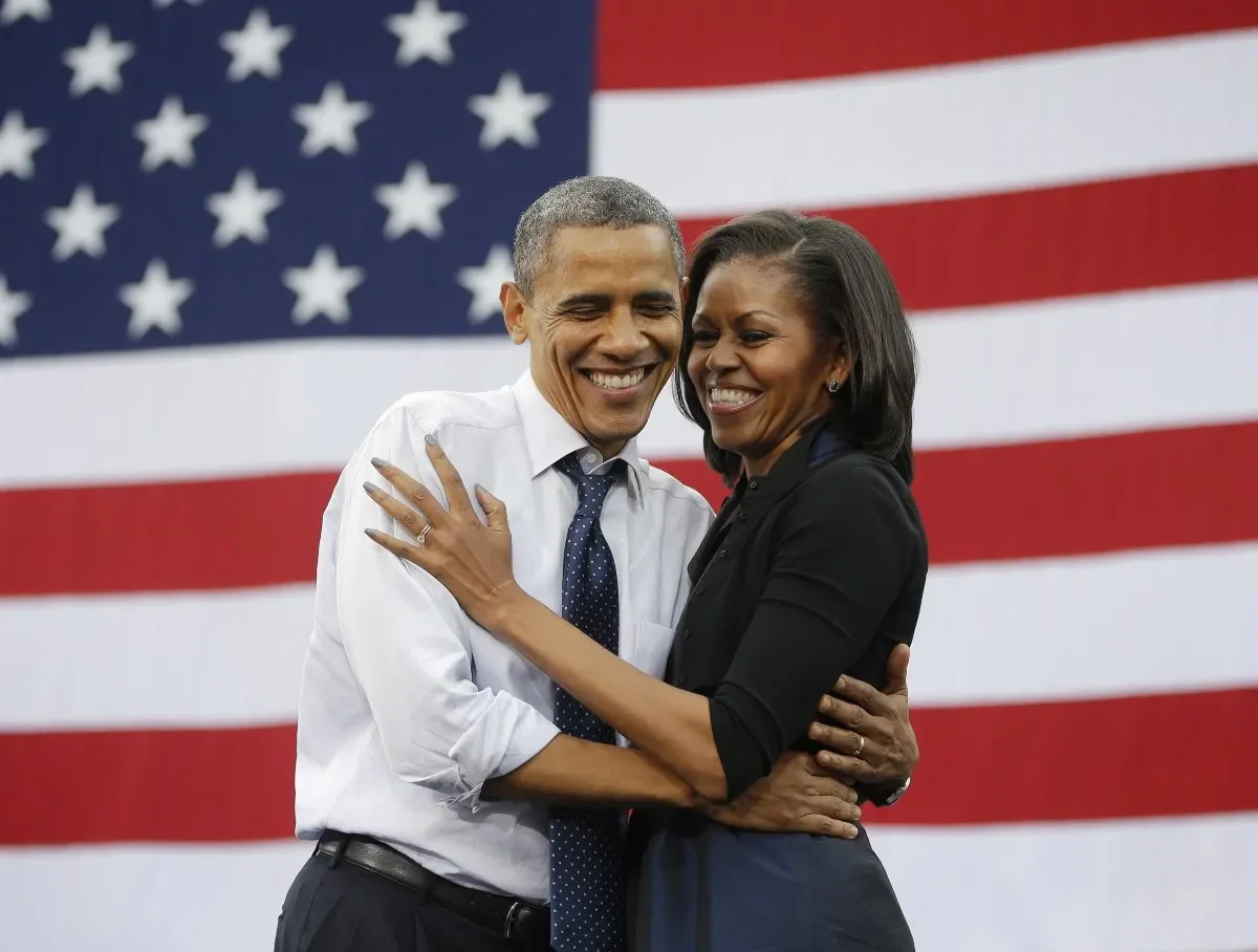 Barack & Michelle Obama, Smile, Flag of the united states, Happy, Gesture