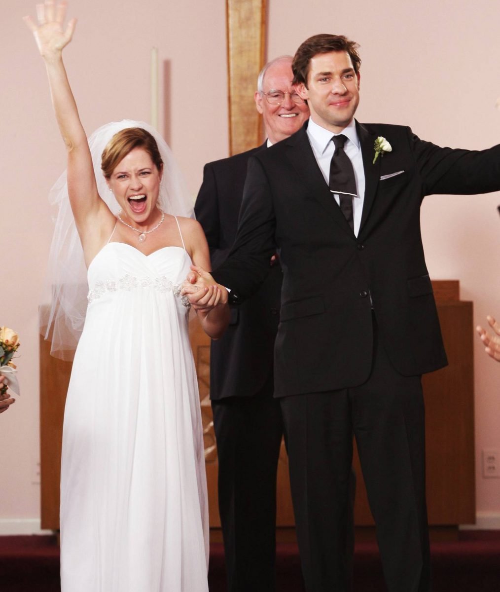 Pam And Jim The Office, Smile, Wedding dress, Bride, Facial expression, Dress, Bridal clothing, Flash photography, Happy, Gown, Standing