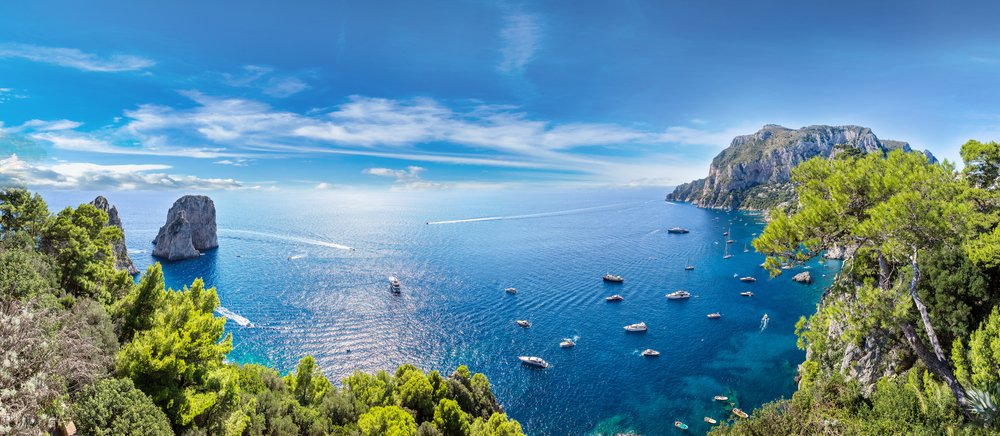 Capri And Amalfi Coast, Water, Cloud, Sky, Water resources, Daytime, Boat, Blue, Natural landscape, Tree